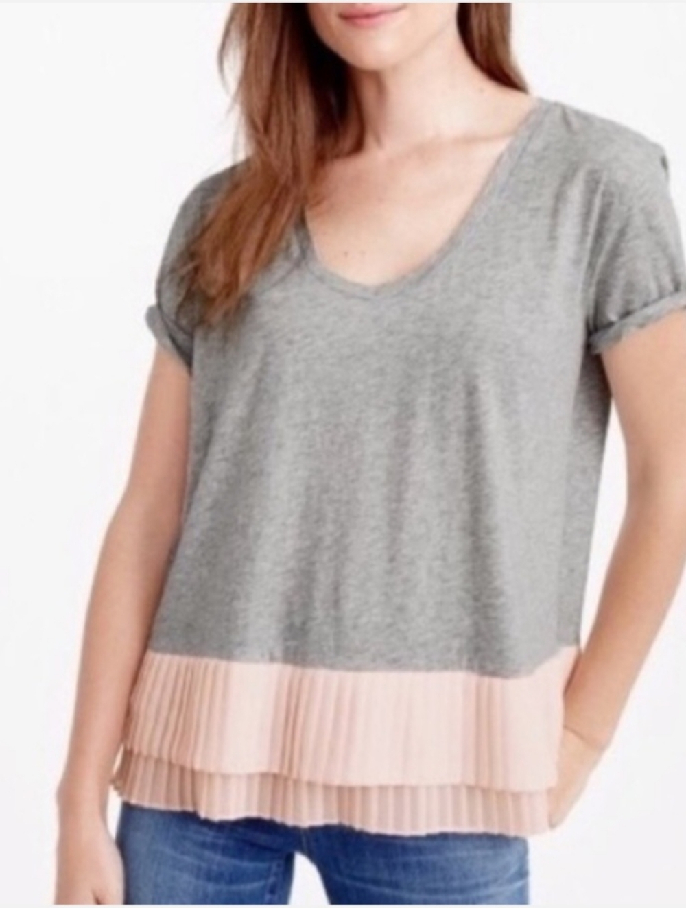 J. Crew Gray Cotton Tee with Blush Pleated Pink Chiffon Hem. NWT. Size XL